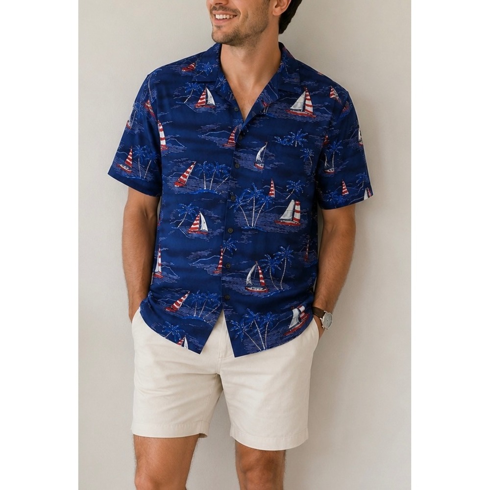 George Button Down Shirt Women 2XL Blue Sailboat Tropical Short Sleeve Rayon